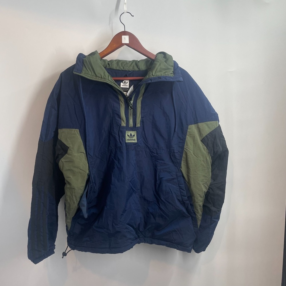 Adidas Hooded Pocket Half-Zip Puffy Anorak Pullover Jacket Navy Blue Green S